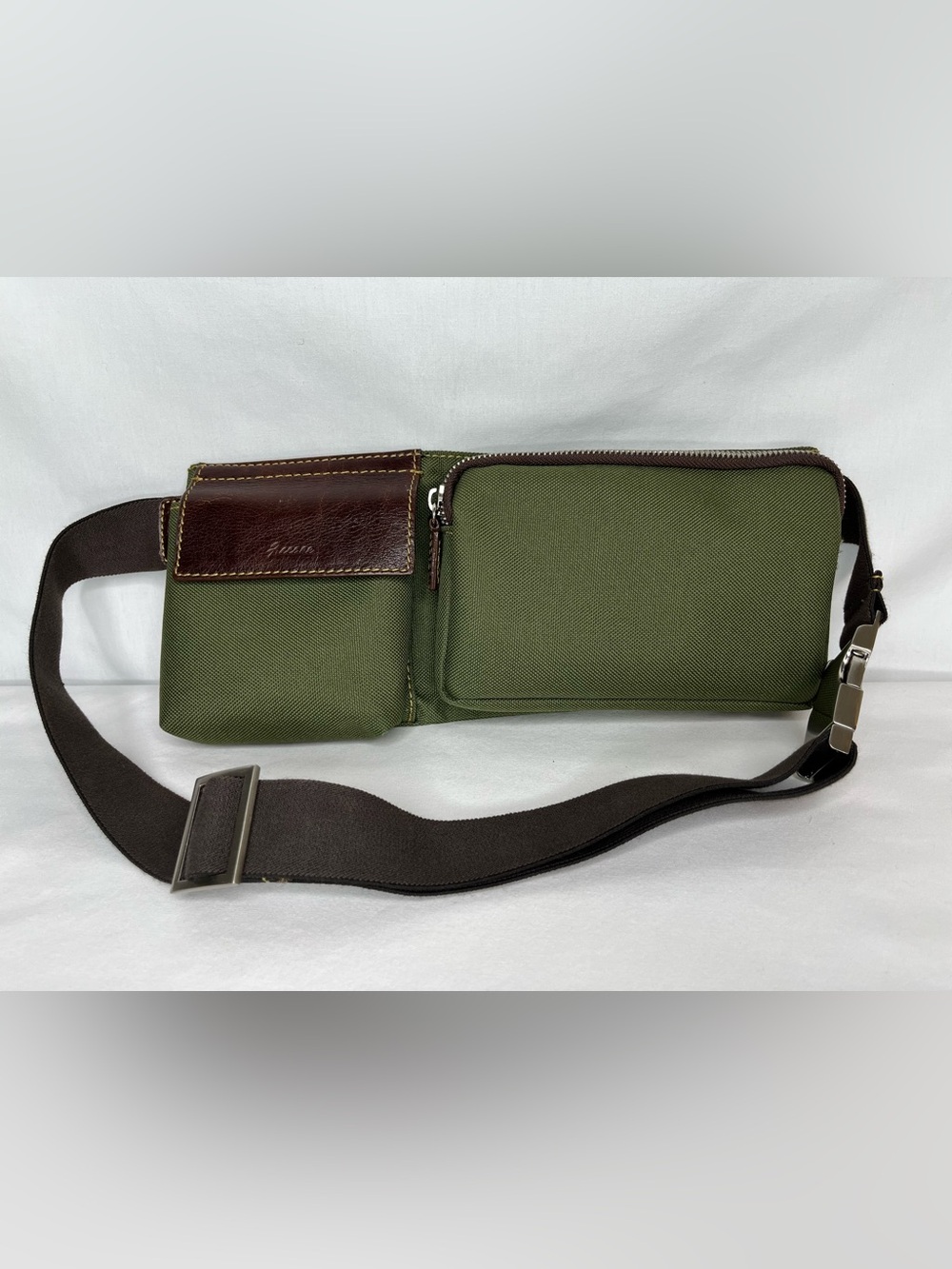 Ficcare Multi Pocket Olive Green Canvas & Brown Leather Waist Bag/Crossbody Bag